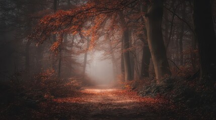Fototapeta premium A pathway through a misty autumn forest.