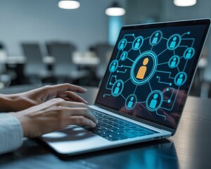 Close up of hands typing on a laptop displaying a digital network of interconnected people icons and data flow