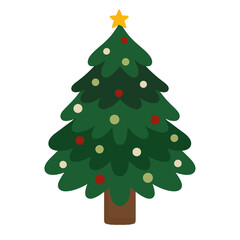 Dark Green Cute Christmas Tree Illustration with star and Baubles