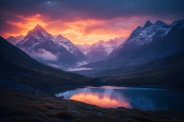 sunset at the sky in the mointains and lake