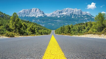 Majestic Mountain Road: Asphalted Highway Leading to Snow-Capped Peaks under a Vivid Blue Sky