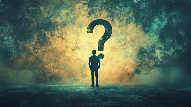 Businessman facing a large question mark in a mysterious landscape - Powered by Adobe