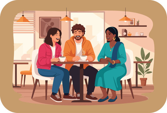 Diverse friends enjoying coffee and conversation at a cozy cafe sharing a pleasant afternoon together in a warm and inviting atmosphere