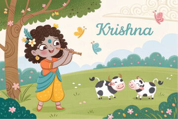 Little Krishna Playing Flute with Cows – Village Background Vector Illustration