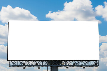 Obraz premium Expansive Blank Billboard Against a Vivid Blue Sky with Fluffy White Clouds