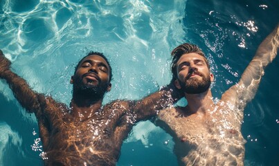 Two gay men, one Black and one Caucasian, floating and swimming together on vacation. This image represents a queer interracial couple enjoying a wellness retreat in a relaxed, Generative AI