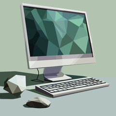Fototapeta premium Low poly style desktop computer with keyboard and geometric stones on desk in minimalist flat vector design illustration