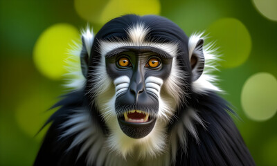 Obraz premium Striking black and white monkey portrait with intense gaze in natural setting.