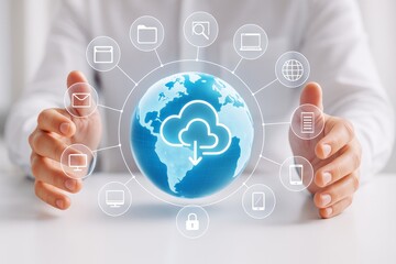 Cloud computing concept with digital globe and data icons surrounded by human hands on light background representing global technology connectivity.