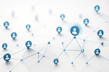 Social network connection concept with user icons linked by blue lines on light background symbolizing digital communication and interaction.