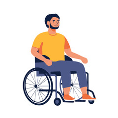 Young man with beard sitting in manual wheelchair smiling isolated on white background flat vector illustration of disabled person with mobility aid in casual clothes and sneakers