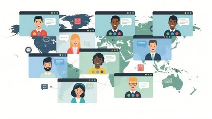 Diverse team collaborating online for global project management across various time zones - Powered by Adobe