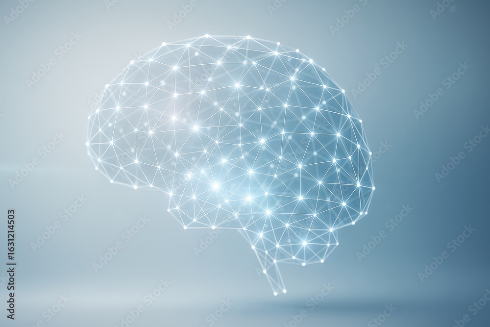Wall mural abstract digital brain shape made of glowing neural network connections on soft blue background symb