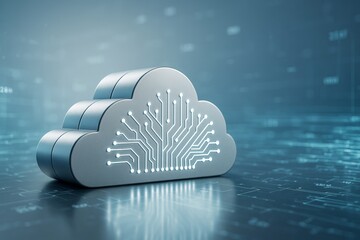 Cloud computing symbol with digital circuit lines on futuristic tech background in blue light environment representing data technology concept.
