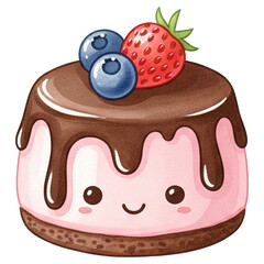 A cute, cartoonish dessert with pink frosting, chocolate drizzle, and topped with a strawberry and blueberries.