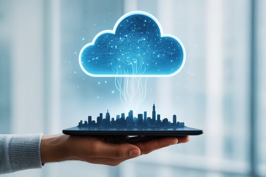 Digital cloud above futuristic cityscape on tablet held by hand with glowing tech connections on light blurred background, symbolizing cloud computing concept.