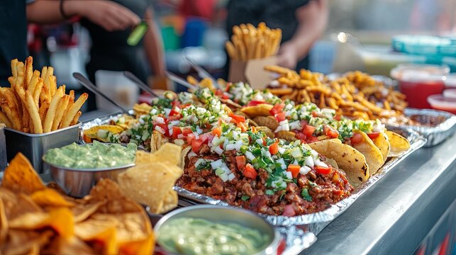 Mexican street food stall offering tacos, nachos, and fresh churros during a Cinco de Mayo celebration .