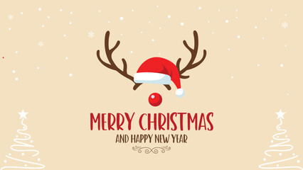 Merry Christmas and Happy New Year reindeer antlers santa hat snowflakes