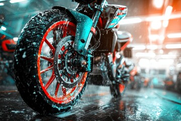 Motorcycle being washed in a shop
