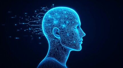 Obraz premium Stunning blue digital human head with intricate circuits symbolizes advanced AI and futuristic technology.