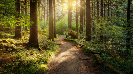 Obraz premium Sunlight breaking through trees along forest trail. Tranquil outdoor scene.