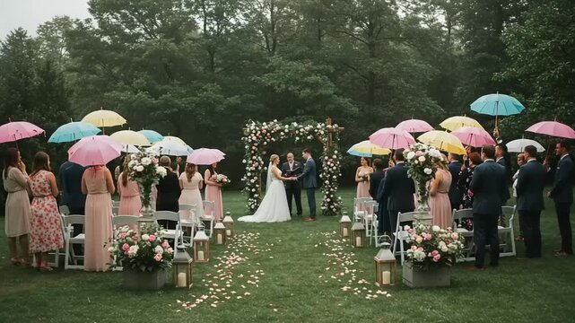 Outdoor wedding ceremony with umbrellas in lush garden