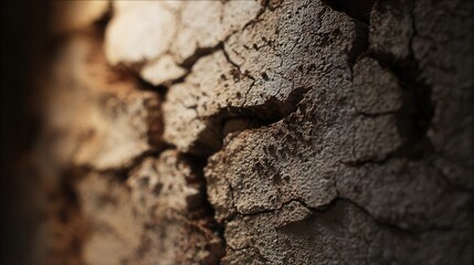 Abstract texture showcases the intricate details of cracked and weathered tree bark in a close up shot with earthy tones.