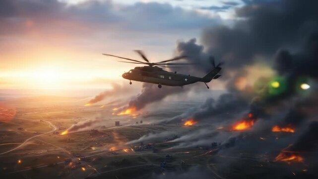 CH-53 Helicopter Soaring Above Fiery Battlefield Sunset