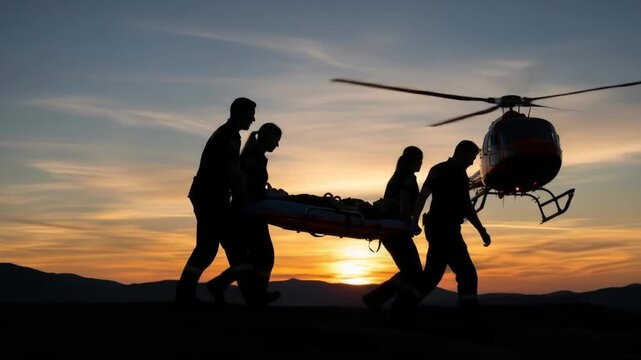 Emergency Rescue Team Carrying Injured Person on Stretcher During Sunset Helicopter Evacuation