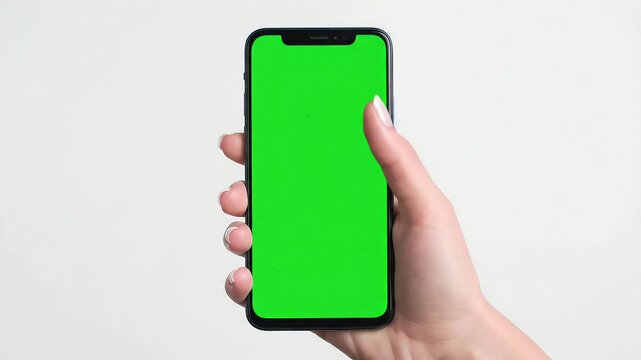 A woman's hand holds a smartphone, using her thumb to swipe and scroll on the green screen display. Isolated on a white background, this clip is ideal for chroma key, app demonstrations, and tech mock