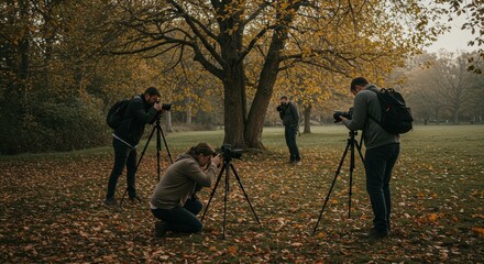 Group of photographers engaged in a workshop in an autumn park with tripods.