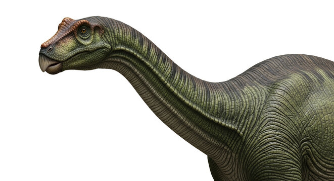 Majestic brachiosaur portrait showcasing intricate skin textures and impressive neck arch on white background, highlighting its prehistoric beauty