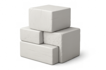 White wooden cubes stacking asymmetrically, forming minimalist pyramid structure on clear surface