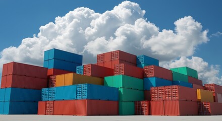Colorful Shipping Containers Stacked Under Sunny Blue Sky