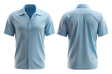 Stylish light blue short-sleeve button-up shirt front and back view for modern fashion presentations