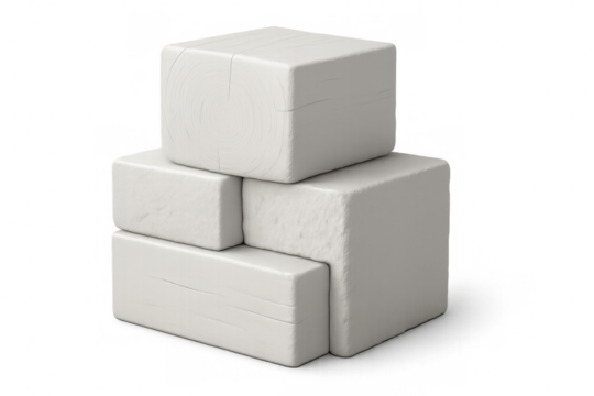 White wooden cubes stacking asymmetrically, forming minimalist pyramid structure on clear surface