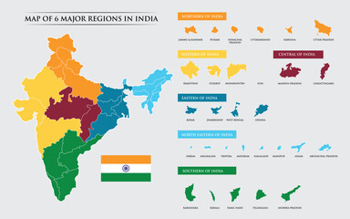 Map of six major regions in India with colorful geographic divisions © hampura