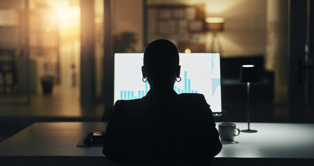 Business person, computer screen and night at office with finance graphs, back and silhouette at company. Corporate investor, broker and reading with trading statistics, charts and feedback at agency