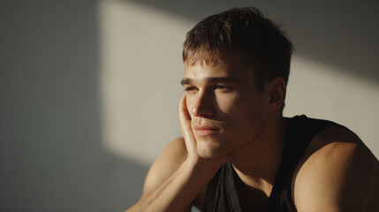 man rests his head on his hand after intense workout reflecting on his efforts