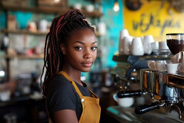 Young Black female barista making coffee in a caf, supporting small businesses during the cost of living and inflation crisis, Generative AI