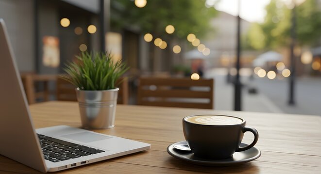 Laptop and coffee sit on a cafe table with a small plant.