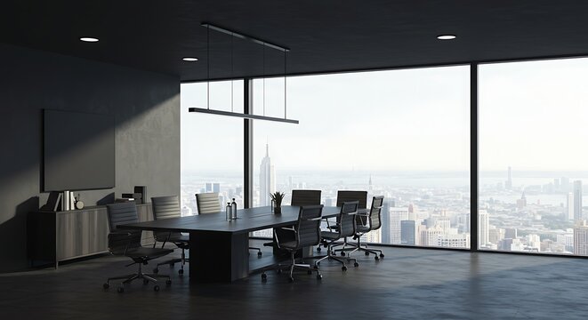 Modern Dark Conference Room with Large Windows and City View