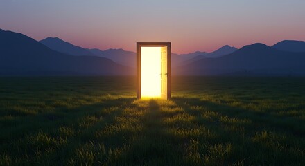 Open Doorway with Golden Light in Grassy Field at Dusk