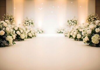 Elegant wedding aisle adorned with lush white floral arrangements conveying romantic sophistication