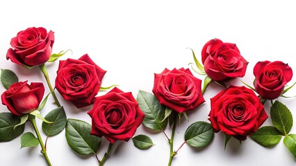 Obraz premium Seven vibrant red roses with lush green leaves arranged on a white surface