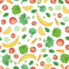 Seamless pattern watercolor isolated illustration. Healthy food, fruits and vegetable clip art. Hand drawn sketch for kids.