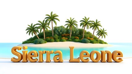 Obraz premium 3D illustration of Roroma Island, known for its pristine beaches, crystal-clear waters, and lush vegetation, offering a tranquil escape. The word 'Sierra Leone' in 3D letters below. 2