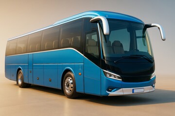 Modern blue tour bus parked on open surface with soft lighting and clean background for transport branding or design concept mockup template use.