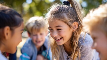 Fototapeta premium A smiling girl surrounded by friends enjoys time together during a sunny day, fostering friendship and happy childhood memories.