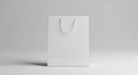 A pristine white shopping bag stands upright on a light gray surface, casting a subtle shadow, ideal for branding or design mockups.